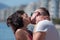 Sensual kiss. Family and valentines day. Couple kissing couple on sunny vacation at sea.