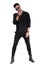 Sensual macho man in black clothes standing with parted feet