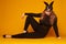 Sensual woman in bunny mask sitting on the floor in pose