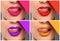 Sensual woman with different color lipsticks, closeup.