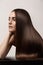 Sensual woman model with straight dark hair. Shiny long health hairstyle