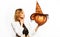 Sensual woman with pumpkin. Happy halloween. Trick or treat. Blond girl with Jack-o-lantern. Autumn.