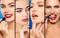 Sensual women with different color lipsticks, closeup.