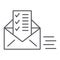 Sent document thin line icon, email and mail, envelope with list sign, vector graphics, a linear pattern on a white