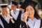 Sentimental girl crying during her graduation ceremony.