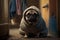Sentimental Pug dog, at the door of the house