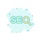 Seo analytics icon in comic style. Social media vector cartoon illustration on white isolated background. Search analysis business