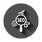 Seo analytics icon in flat style. Social media vector illustration on black round background with long shadow. Search analysis