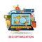 SEO content optimization background. Laptop with infographic elements and abstract contents
