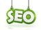 SEO green text word hanging on rope on white background