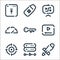 Seo line icons. linear set. quality vector line set such as rocket, server, target, video, keyword, speedometer, strategy, hastag