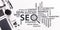 Seo-Optimization Wordcloud With Keywords Over White Desk Background, Panorama, Collage