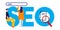 SEO search engine optimization. Illustration of man and woman optimize website visibility in search engine. Large text