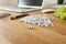 SEO word written on cube shape white blocks on wooden Business table