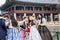 Seoul, South Korea, 12/30/2017: Korean girls in hanboks take a selfie in a winter park. Close-up