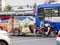 Seoul, South Korea - May 31, 2017: An elderly man carrying the load on a cart, attached to a motorcycle .