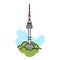 Seoul tower icon in cartoon style on white background. South Korea symbol stock vector illustration.