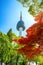 Seoul Tower and red autumn maple leaves at Namsan mountain in Korea.