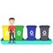 Separate waste collection. man is standing near garbage cans with bottle in hand. Sorting of garbage in garbage containers