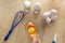 Separating yellow yolks from protein in raw eggs for cake, biscuit and cream.