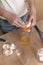 Separating yellow yolks from protein in raw eggs for cake, biscuit and cream.