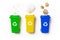 Separation recycle. Yellow, green, blue dustbin for recycle plastic, paper and glass can trash isolated on white background. Bin