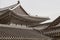 Sepia background image of korean historical roof,ornate  of typical asian tiles and decorative Japsang symbolic figures.