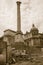 Sepia image of Column of Phocas at Roman Forum seen from the Capitol, ancient Roman ruins, Rome, Italy, Europe