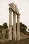 Sepia image of Temple of Castor & Pollux at Roman Forum seen from the Capitol, ancient Roman ruins, Rome, Italy, Europe