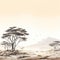 Sepia Tone African Savanna Landscape Painting With Fairy Tale Illustrations