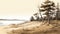 Sepia Tone Dune Sketch: Pine Trees Along Water