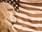 Sepia tone photo montage: Profile of President George Washington and American flag