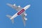 September 1, 2019 Burlingame / CA / USA - Emirates Airbus A380 aircraft doing a fly over before landing at SFO; Large Emirates