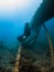 September 10, 2020. Anapa, Russia. Professional freediver in wetsuit and wreck underwater sea