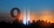 September 11 Tribute In Light Art Installation in the Lower Manhattan New York City Skyline at Sunset. 9.11 concept.