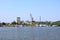 September 13 2021 - Tulcea in Romania: Industrial cargo port skyline, loading cranes in Tulcea on Danube river