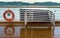 September 17, 2018 - Clarence Strait, AK: Life ring and stacked damp loungers, early morning on cruise ship The Volendam