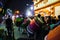 September, 2017,Kolkata,India. Dhaaki artists in street during durga puja immersion walk at night playing drum dhaak