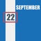 september 22. 22th day of month, calendar date.Blue background with white stripe and red number slider. Concept of day