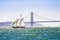 September 24, 2016 - San Francisco bay, California - Sailing ship; on the background Golden Gate bridge