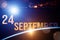 September 24th. Day 24 of month, Calendar date. The spaceship near earth globe planet with sunrise and calendar day. Elements of