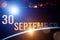 September 30th. Day 30 of month, Calendar date. The spaceship near earth globe planet with sunrise and calendar day. Elements of