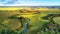September agriculture fields aerial panorama. Sunny autumn landscape. Farmland Corn harvest