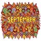 September - colorful illustration with month s name. Bright zendoodle mandala with months of the year. Year monthly calendar