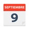 Septiembre 9 - Calendar Icon - September 9. Vector illustration of Spanish Calendar Leaf