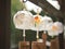 Sequence of Japanese wind bells furin hanging outdoors