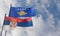 Serbia and Kosovo flags. Blue sky and flag Serbia and Kosovo, 3D work and 3D image