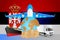 Serbia logistics concept illustration. National flag of Serbia from the back of globe, airplane, truck and cargo container ship