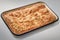 Serbian Traditional Domestic Welcome Treat The Crumpled Cheese Pie Gibanica Oven Baked In Baking Pan Set On Gray Background