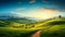 Serenade of Nature: Picturesque Winding Path Through Green Grass Field in Hilly Morning Dawn, Spring and Summer Panorama